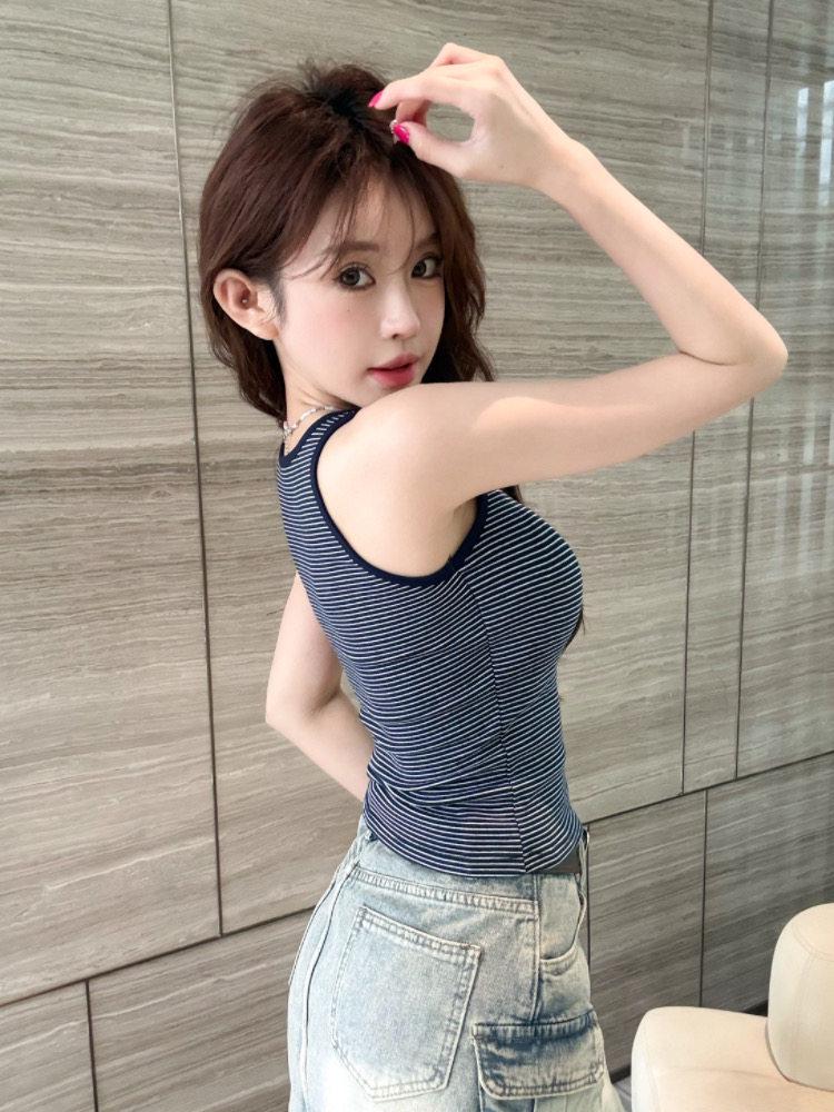 Korean Style Women's Square Neck Vest with Built-in Bra, Retro Stripe Camisole, Slim Fit Spicy Girl Top