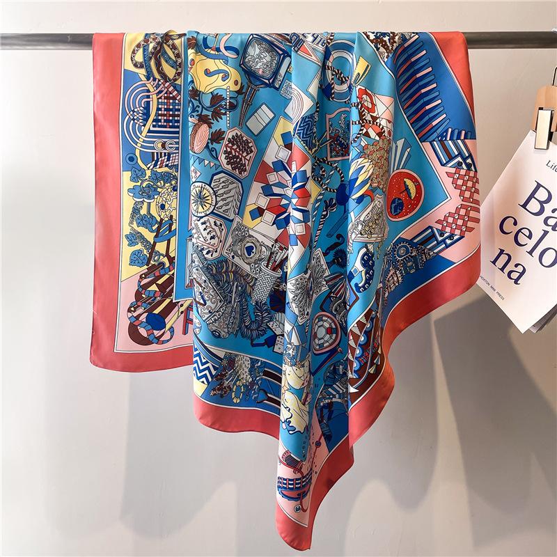 Women's Retro Twill Silk Scarf - 90cm Versatile Shawl for Travel & Sun Protection