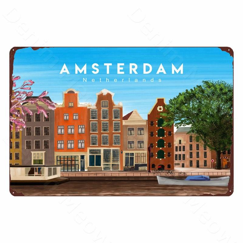 DORA Tin Sign Vintage Metal Tin Sign Art Plaque Travel Landscape Plate Home Bar Cafe Room Wall Decor Amsterdam Ireland Canada