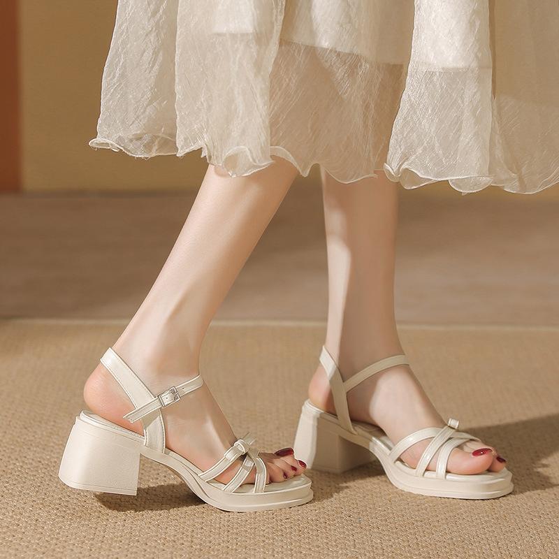 Summer new thick heel fashion versatile open-toed sandals women's bow word with high-heeled sandals