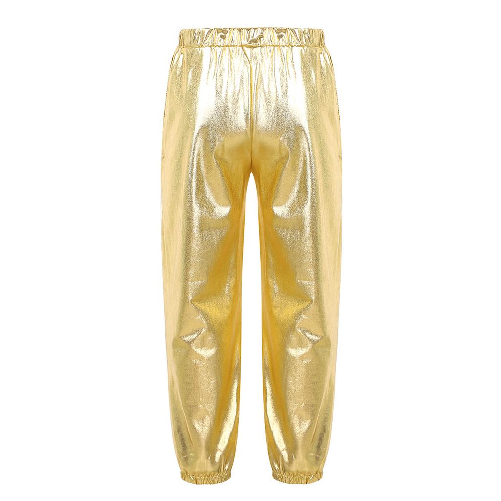 Pantaloni da Ragazza Metallizzati Lucidi Elastici a Vita Alta Tasche Pantaloni da Danza Hip Hop Streetwear Pantaloni della Tuta