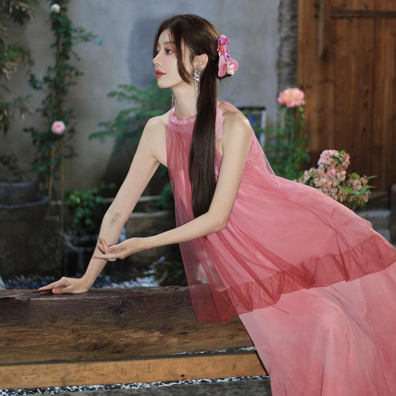 Новое китайское Ципао без рукавов с сетчатым воротником, шифоновое, имитация двух piece, женское летнее платье высокого класса S