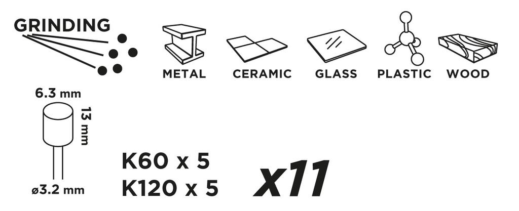 Sanding belt 6.3 mm, K60, K120, set of 10 + 3.2 mm shank