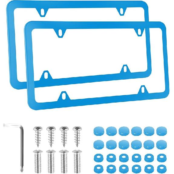 Alpmosn 2PCS Stainless Steel License Plate Frames, 4 Holes Car Licence Plate Covers with Screws Washers and Caps, Car Exterior Accessories, License