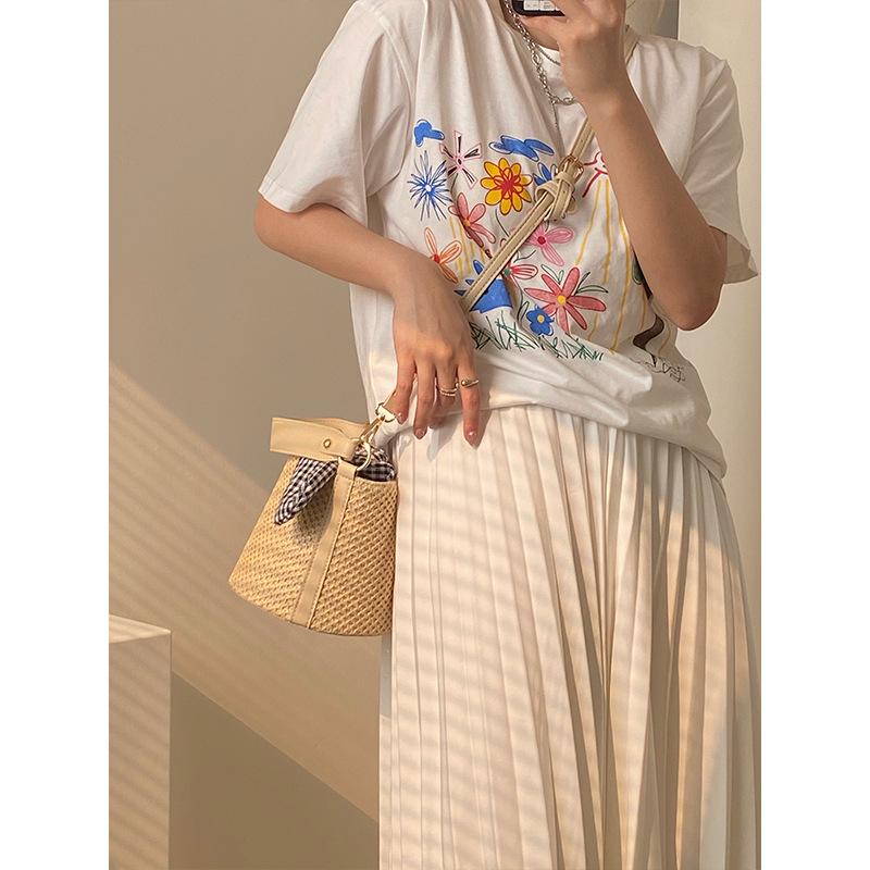 2025 Bow Plaid Straw Bucket Bag: Versatile Crossbody & Shoulder Handbag for Women