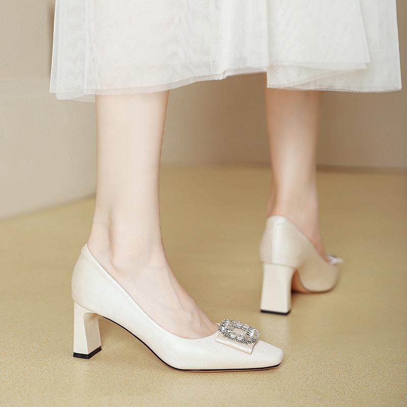 Black High Heels Temperament Is Not Tired Feet 2025 New Spring and Autumn Square Head French Rhinestone Square Buckle Thick Heel Shallow Mouth Sin
