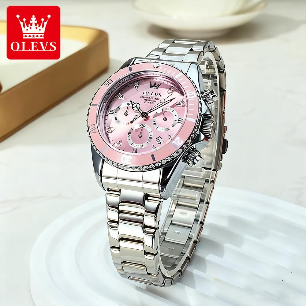 OLEVS Women's Watches Classic Trend Pink Dial Stainless Steel Chronograph Original Brand Quartz Wristwatch for Lady Waterproof