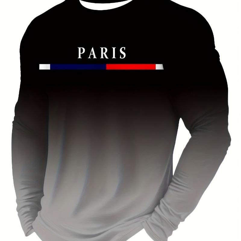 Men's Paris Gradient T-Shirt with French Text - Ombre Color Transition Long Sleeve Shirt