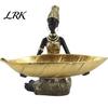 Silver Jewelry Carved Figure African Woman Figurine with Head Tray, Black & White Tribal Ethnic Pattern Resin Statue, Decor Dual-Function Storage
