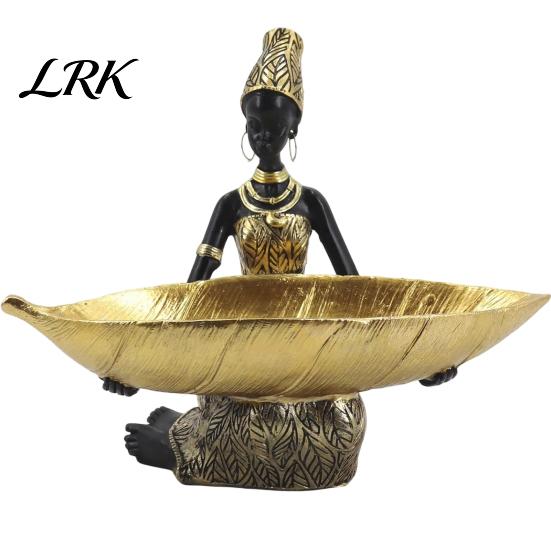 Silver Jewelry Carved Figure African Woman Figurine with Head Tray, Black & White Tribal Ethnic Pattern Resin Statue, Decor Dual-Function Storage