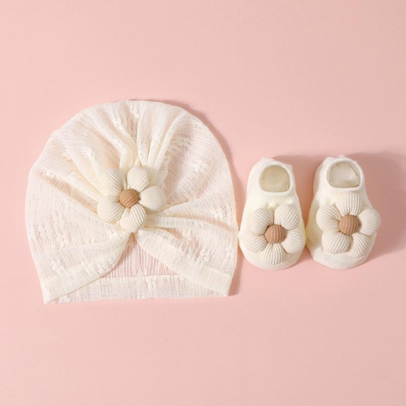 Elastic Infant Turban Hat Breathable Fetal Caps & Matching Socks Set Stylish Girls Clothing Accessories for Baby