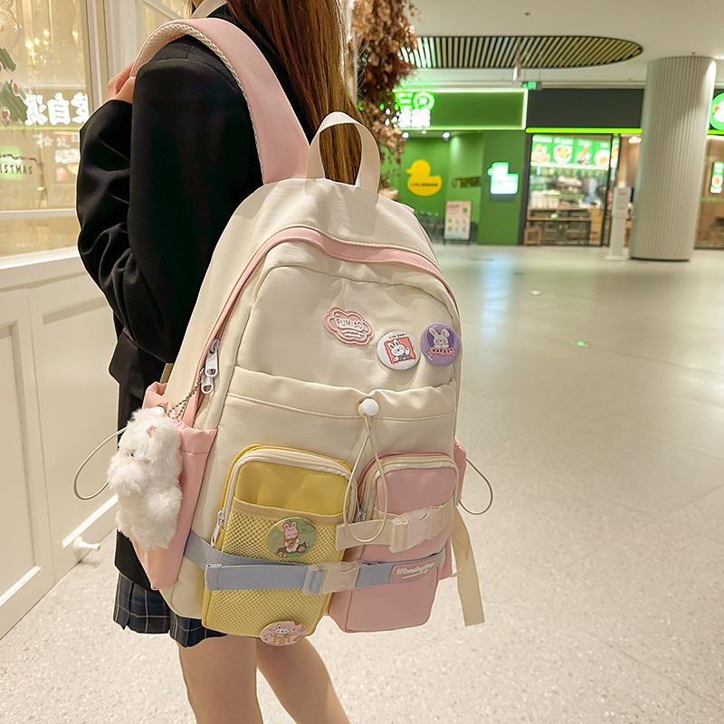 Women's Large Capacity Backpack Color Block Schoolbag for Primary and Secondary School Students