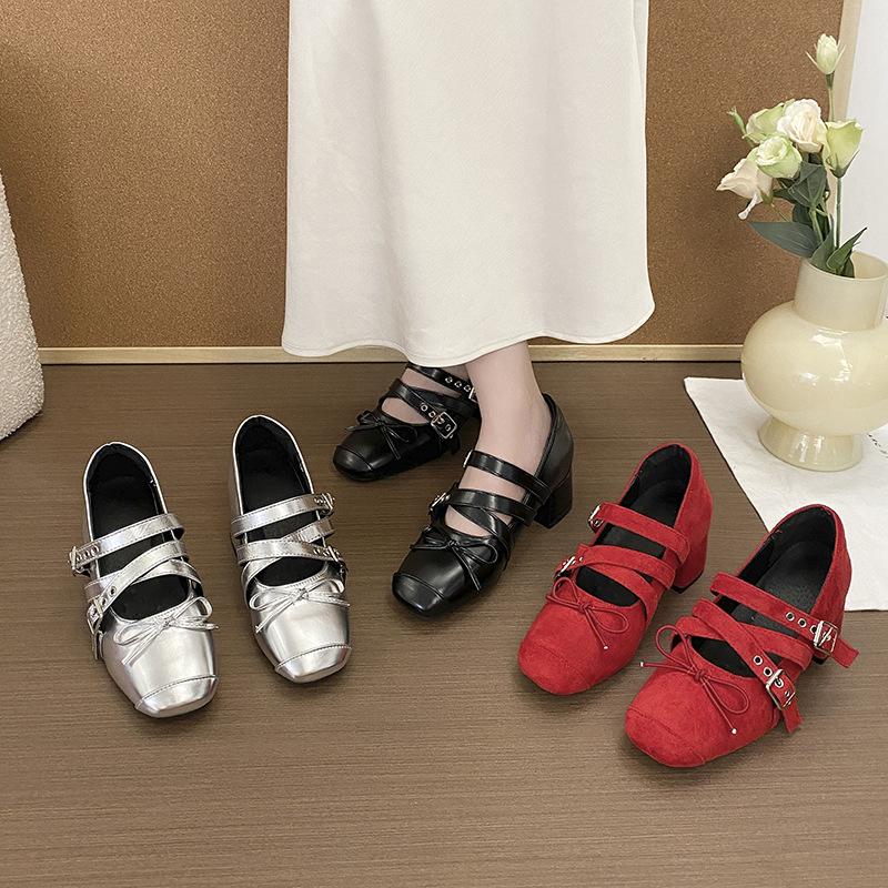 French bow square head Mary Jane women's shoes 2025 new retro shallow rivet thick high heel single shoes