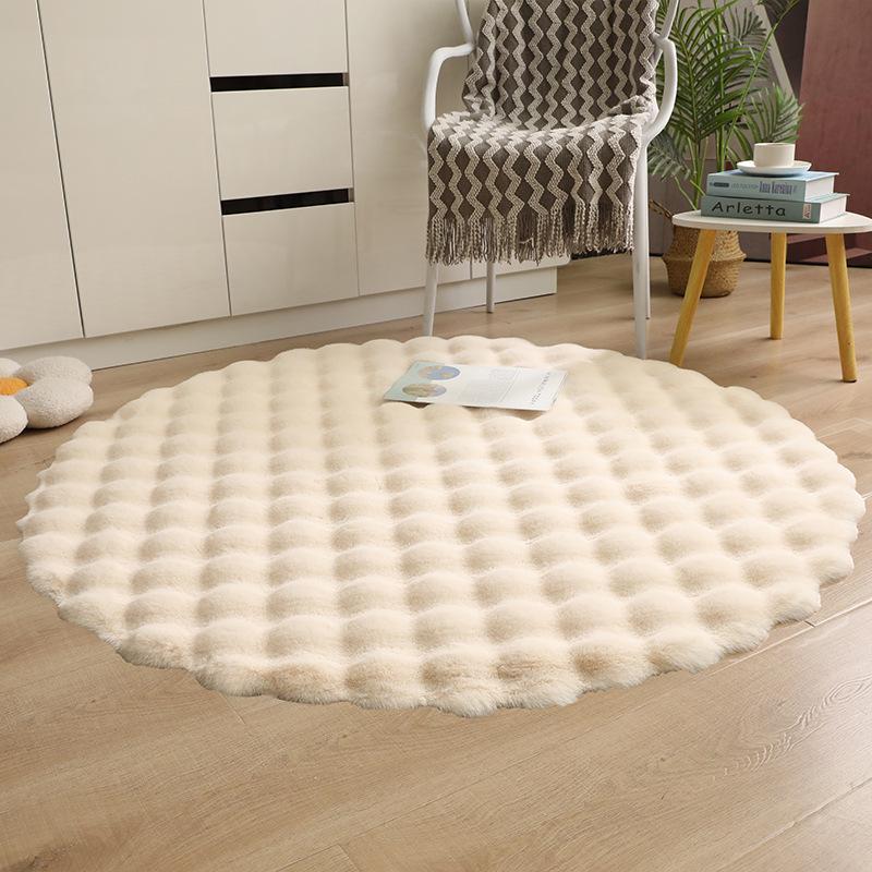 Cream Faux Rabbit Fur Round Rug - Bubble Fleece Bedroom Bedside Cushion Mat