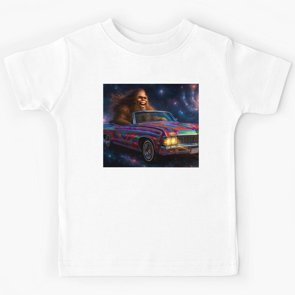Surreal Cosmic Sasquatch – Psychedelic Bigfoot Lowrider Cruise in Space Kids T-Shirt 150