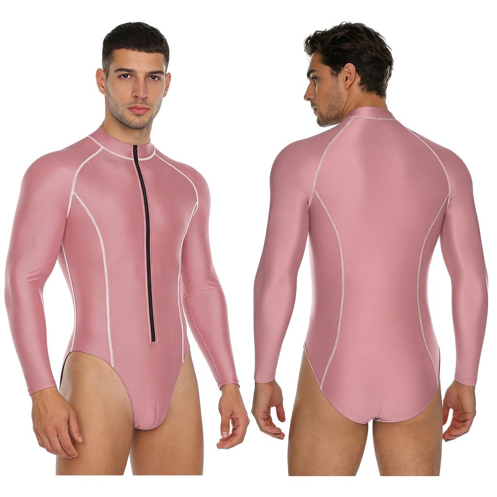 #M-4XL Mens Glossy Bodysuit Mock Neck Long Sleeve Front Zipper Leotard Jumpsuit Rash Guard for Beach Surfing Swimming Workout