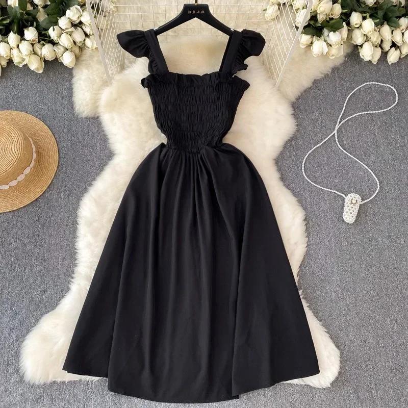 

Літня сукня для жінок, плісе без рукавів, коротка вечірня сукня, корейська однотонна вулична одяг, одяг для відпустки One Size чорний