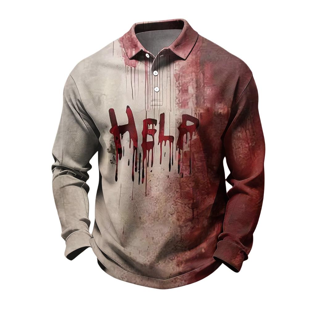 Men's Quick-Dry Mesh Long Sleeve Golf Shirt with Halloween Print for Casual Wear