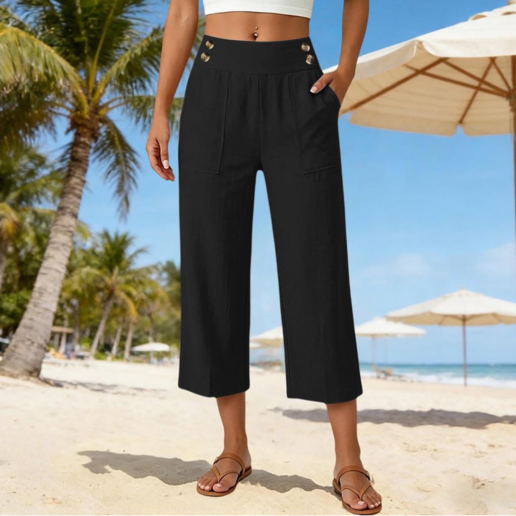 Women's Loose Fit Solid Color Straight Leg Elastic Waist Beach Capris Casual Pants with Button Detail and Side Pockets