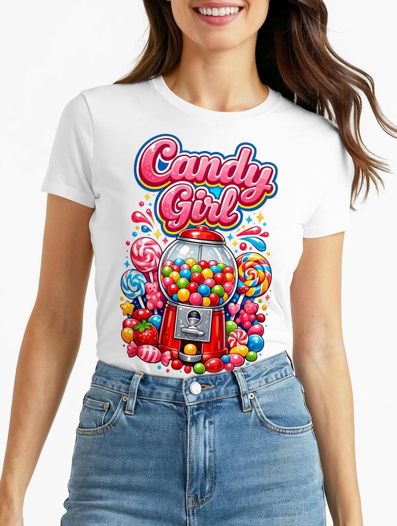 Ladies 100% Cotton T-shirt Mens Tees Top - Candygirl Bubblegum Retro Design - Carnival Fancy Dress-