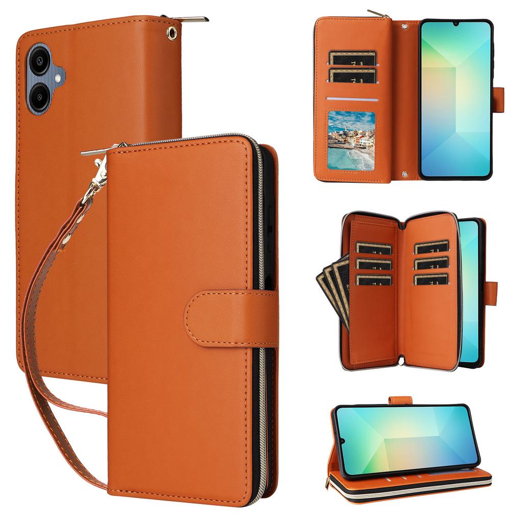 R20 For Samsung Galaxy A06 4G Case Zipper Pocket PU Leather Cover with 9 Card Slots
