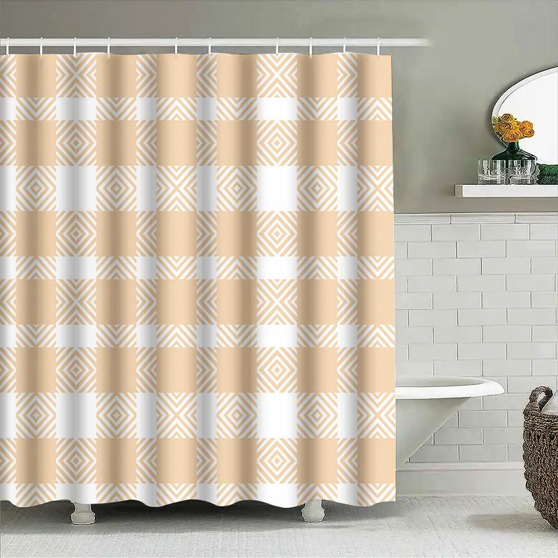 White And Beige Checkered Shower Curtain For Bathroom Decor Waterproof Fabric With Rings For Hooks (180X274Cm)