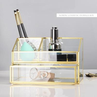 1pc Glass Makeup Brush Storage Box, Pearl Treasure Box, Cosmetic Tube, Transparent/gold Makeup Storage Box, with Drawers
