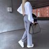 Women Two Piece Set Autumn Office Simple Solid Lapel Long Lantern Sleeve Single Breasted Button Shirt Top Loose Pants Set 2024 New