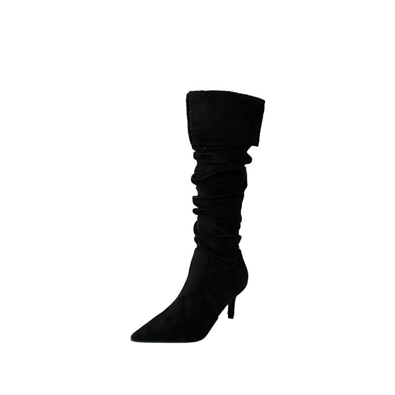 Maillard autumn and winter new French retro pointed head pleated thin heel high boots women's suede but knee long tube