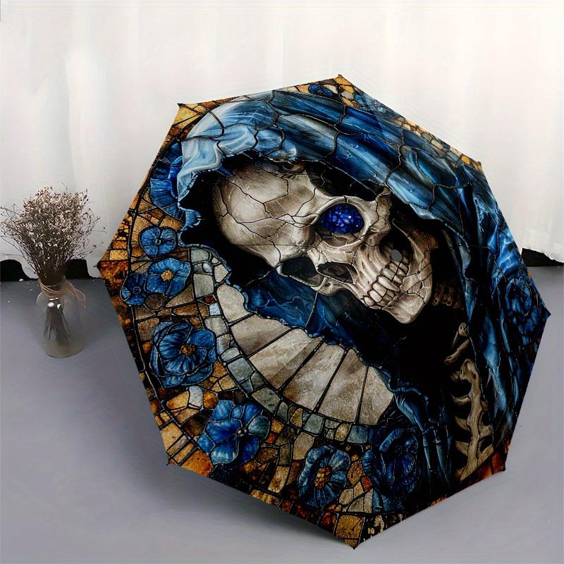 Stained Glass Skull with Blue Flowers Wall Art Decor Umbrella, Christmas Gift Y101