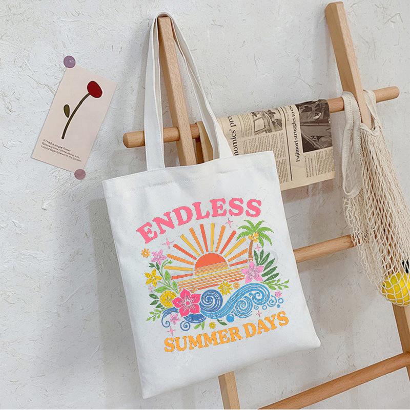 Casual Student Canvas Bag Eco Bag Summer Beach Flowers Printed Large Capacity Shoulder Bag