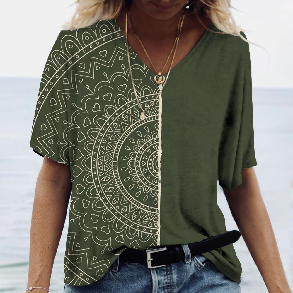 

2023 Новая женская одежда, летняя футболка с принтом, топы с короткими рукавами и градиентом мандалы, пуловер с v-образным вырезом, футболки, повседневная уличная одежда, большие размеры 5XL L