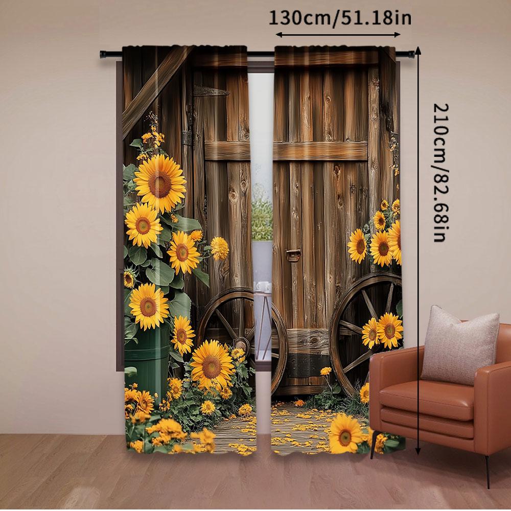 Set aus 2 Vintage-Sonnenblumenmuster-Vorhängen Holzhausrad Geeignet für Wohnzimmer Schlafzimmer Bauernhaus-Vorhang Polyester Ideal für Groß