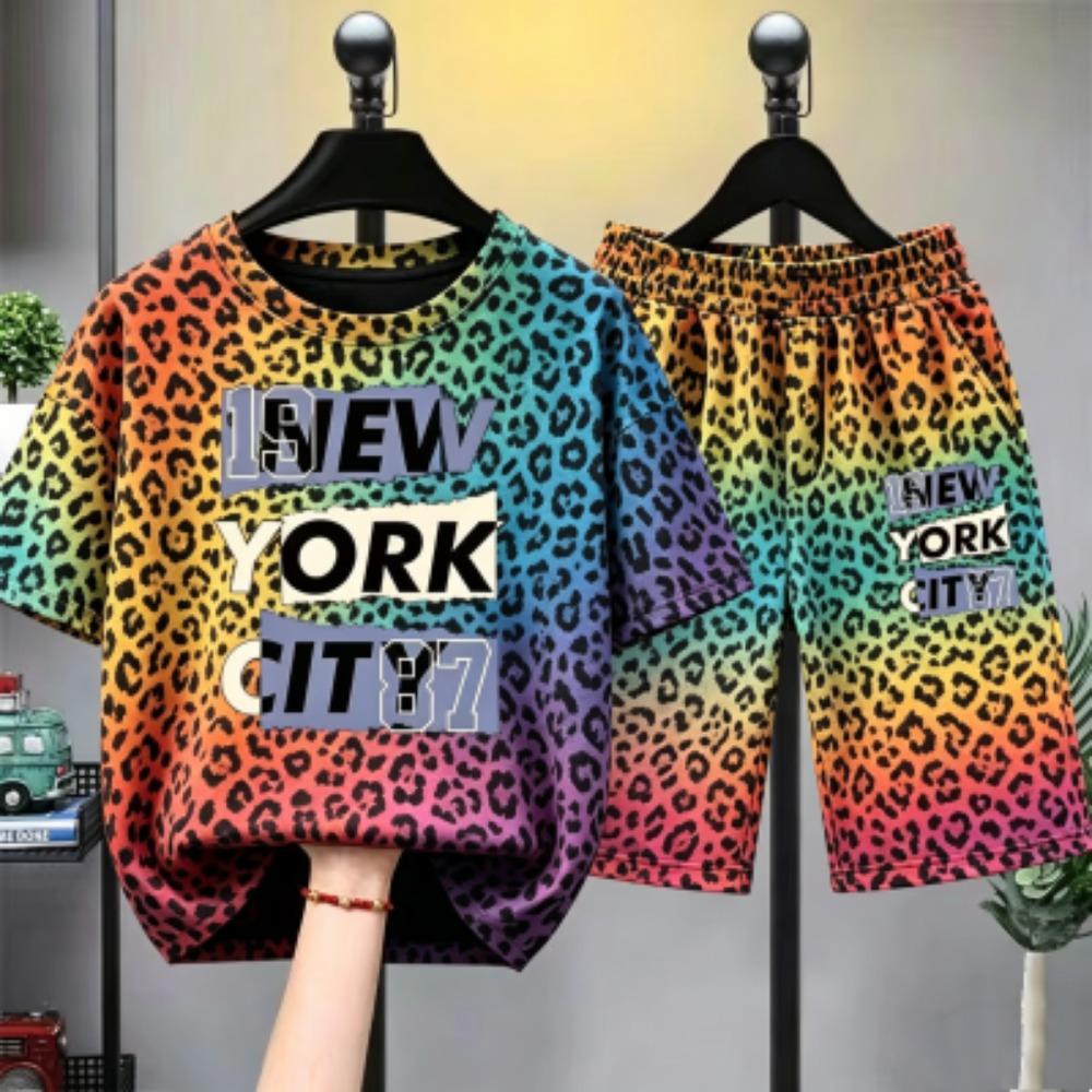 Leopard Zebra Streifen Buchstaben Aufdruck Kinder T-Shirt und Shorts 2-teiliges Set Sommer Freizeit Outfit für Jungen und Mädchen Kinder T-Shirt Set