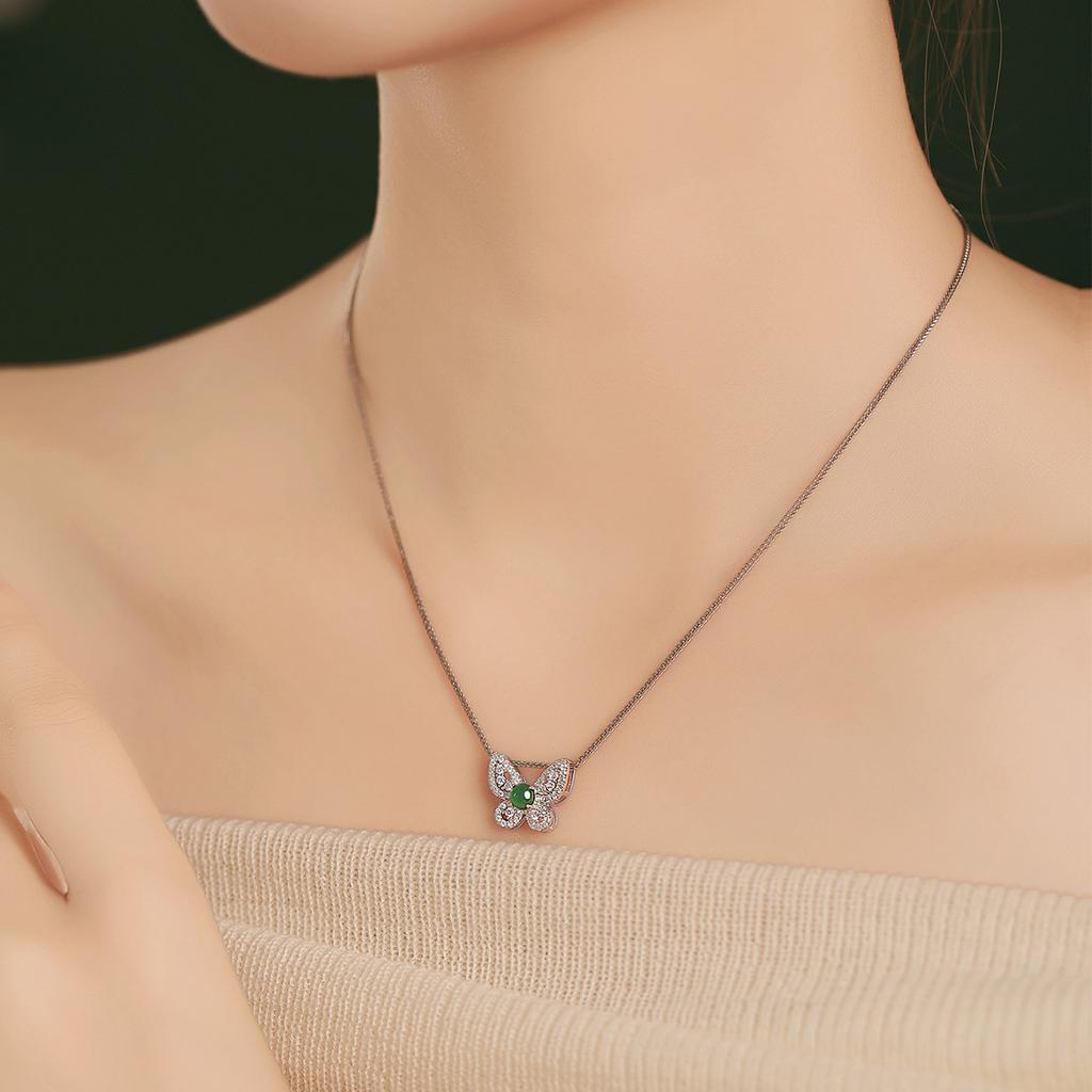 Natural jade S925 pure silver butterfly necklace, high-end light luxury sparkling collarbone chain accessories, women's daily jewelry gifts