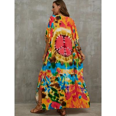 Plus Size Boho Cover Up Dress, Women's Plus Tie Dye Bat Sleeve V Neck Split Hem Maxi Cover Up Dress