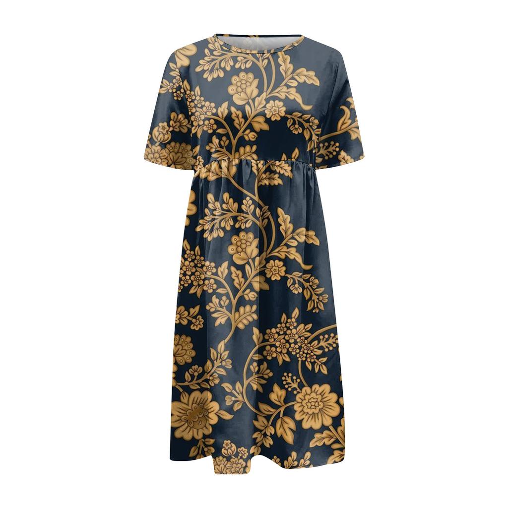 Damskie Casual Sukienki Sukienki z nadrukiem Letnie sukienki Z nadrukiem Plisowany Okrągły dekolt Midi Sukienki Podstawowy Klasyczny Na wolnym powietrzu Codzienny Krótki rękaw Luźne sukienki