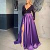 Elegant One-Shoulder Long-Sleeve V-Neck Sequin Slit Evening Gown