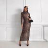 European and American autumn fashion leopard print stand-up collar long-sleeved slim-fitting long dress manufacturer straight hair