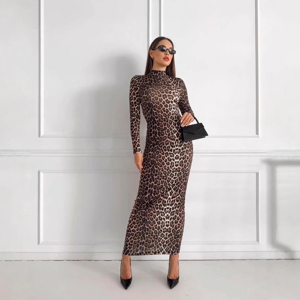 European and American autumn fashion leopard print stand-up collar long-sleeved slim-fitting long dress manufacturer straight hair