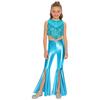 Girls 70s Disco Costume 2 Piece Set Metallic Gloss Sequins Sleeveless Top Split Bell Bottom Pants