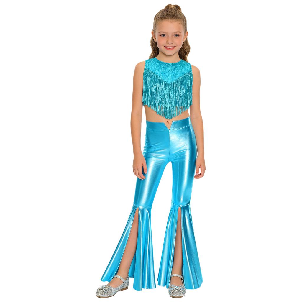 Girls 70s Disco Costume 2 Piece Set Metallic Gloss Sequins Sleeveless Top Split Bell Bottom Pants