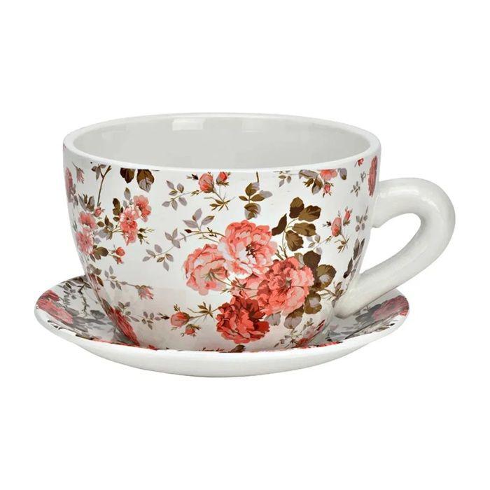 Vase / pot de fleurs (tasse) - EDEN - 15x20 cm - Céramique - Motif floral - Rose