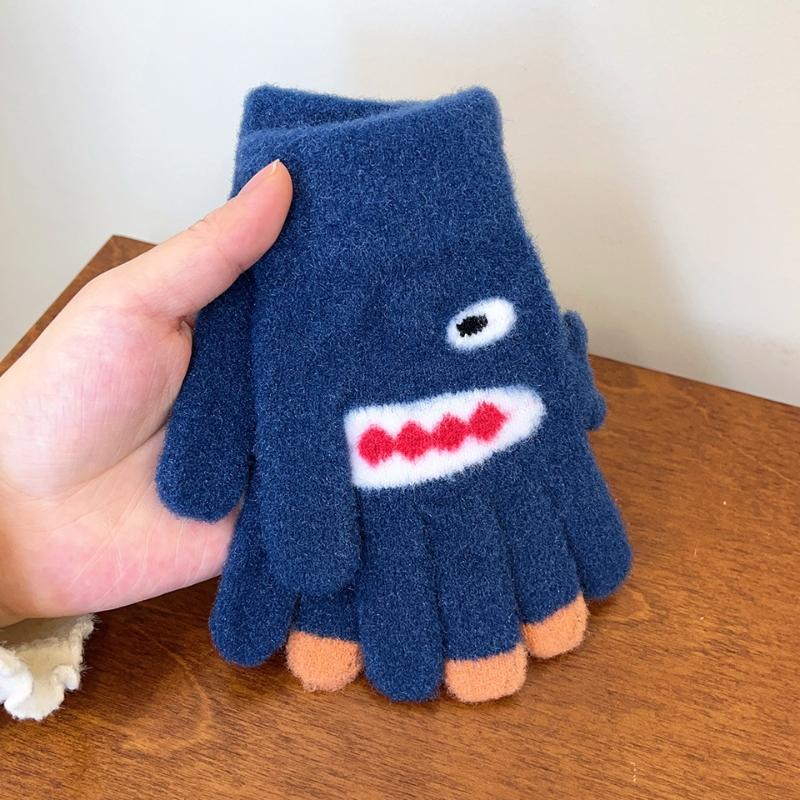 

Детские вязаные перчатки с рисунком акулы, эластичные перчатки с пятью пальцами, модные детские зимние перчатки для мальчиков и девочек one size темно-синий