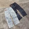 Jeans de Sarja Reto com Estampa de Anjo Unissex Y2K Cintura Alta Calças Largas Outono