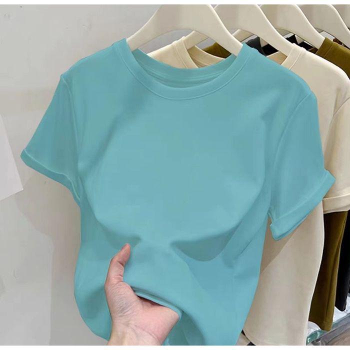 American Summer T-shirt Women's Shoulder Short Sleeves Summer Thin Round Neck Short Cotton Slim Fit Sweet and Spicy Tight Top