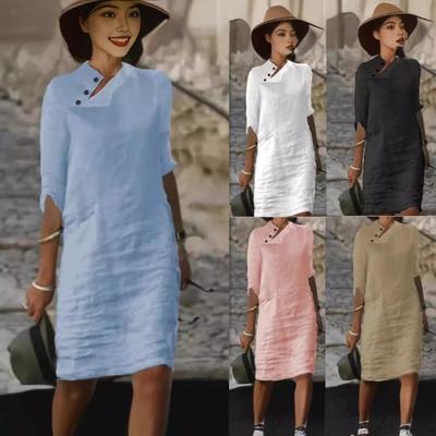 Spring and Summer New Casual Stand-up Collar Button Cotton and Linen Solid Color Medium-sleeved Dress