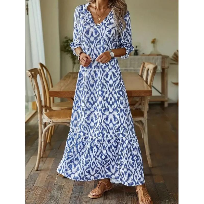 Abito stampato alla moda, sciolto, con scollo a V, a manica media, autunno-inverno 2026, europeo/americano