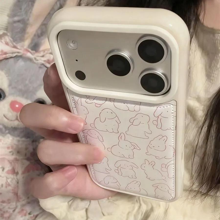 Full Screen Cute Pink Bunny Leather Phone Case For iPhone 17Air 16 15 14 13 12 11 Pro Max Plus Y2K Anti Fall Cover Ins