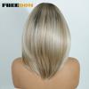 FREEDOM 13x4 Synthetic Lace Front Wigs For Women Short Bob Wig With Bangs Pre Plucked Wear And Go Pre-cut Ombre Blonde Lace Wigs